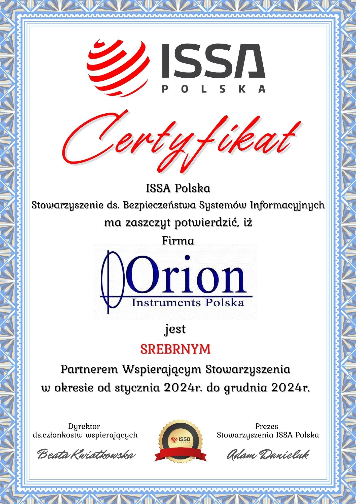 Certyfikat członka wspierającego Orion
